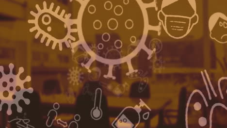 iconos del concepto de coronavirus contra una oficina vacía