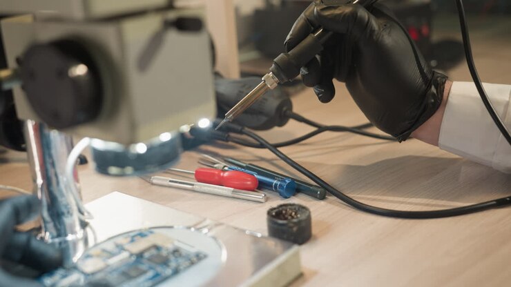 A close-up view of a technician's gloved hand holding a soldering iron, working on a circuit board under a microscope