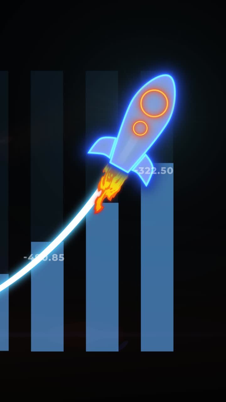 Grafico di tendenza verticale in crescita con razzo che mostra successo, profitto e performance di mercato in aumento su sfondo nero. Animazione grafica in movimento.