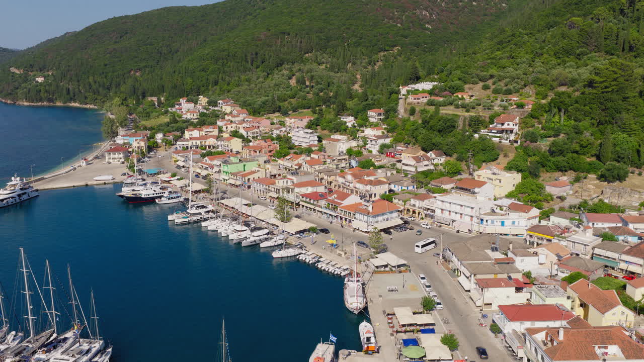 Panoramic aerial footage of Sami town and port in Kefalonia island, Greece