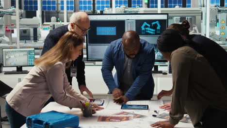 factory engineers refining production layouts using tablet