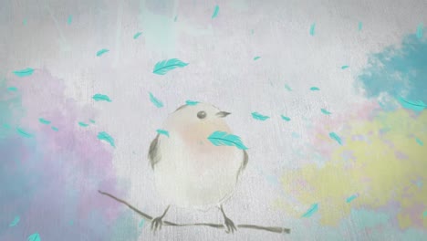 Animation-of-bird-drawing-over-multiple-feathers-falling