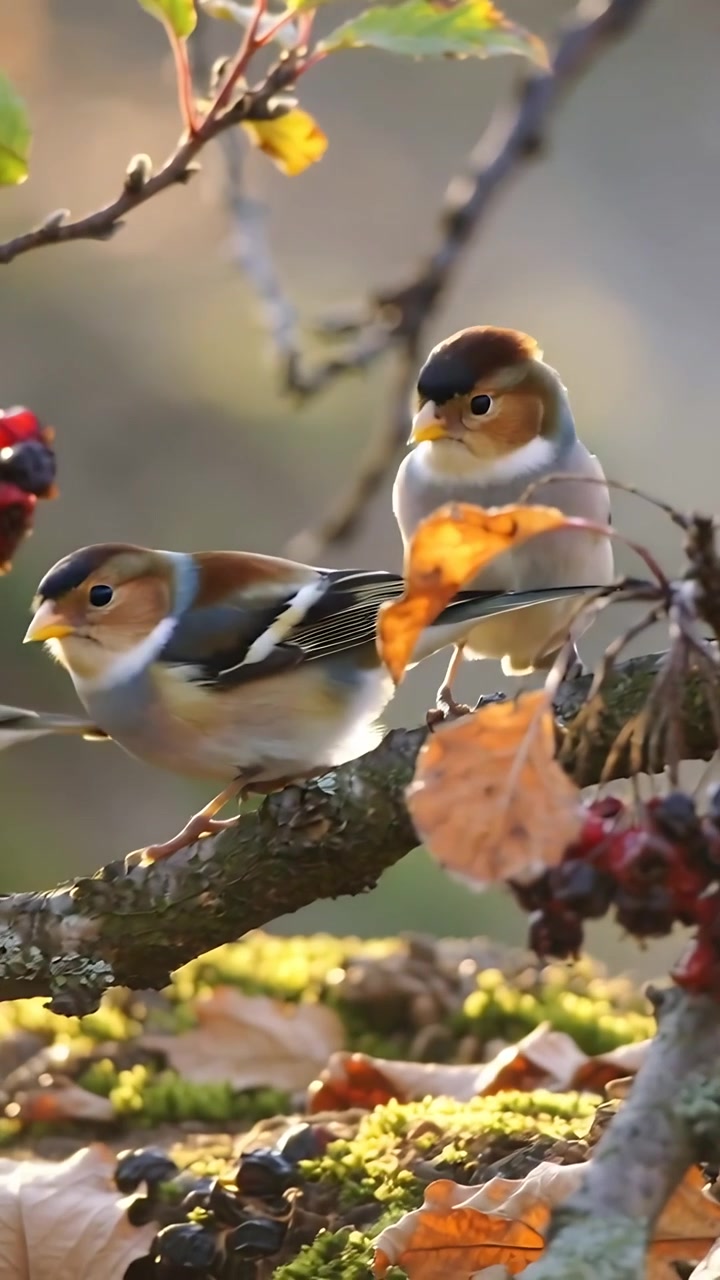 Vídeo vertical: Dois pequenos pássaros avistando bagas, inclinando-se e bicando para se alimentar em um galho com líquen.