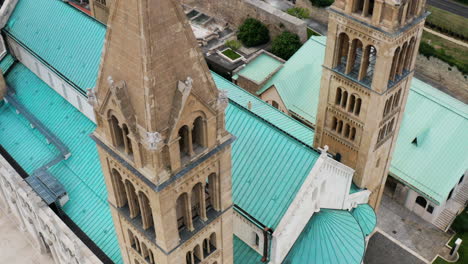 View-from-Above-of-Pecs-Cathedral-In-Pecs,-Hungary-At-Sunset