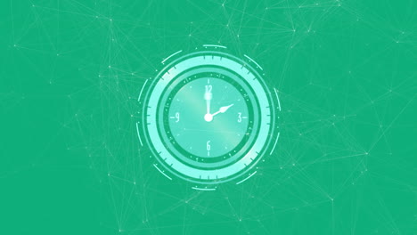 animation of clock rotating, over network of connections on green