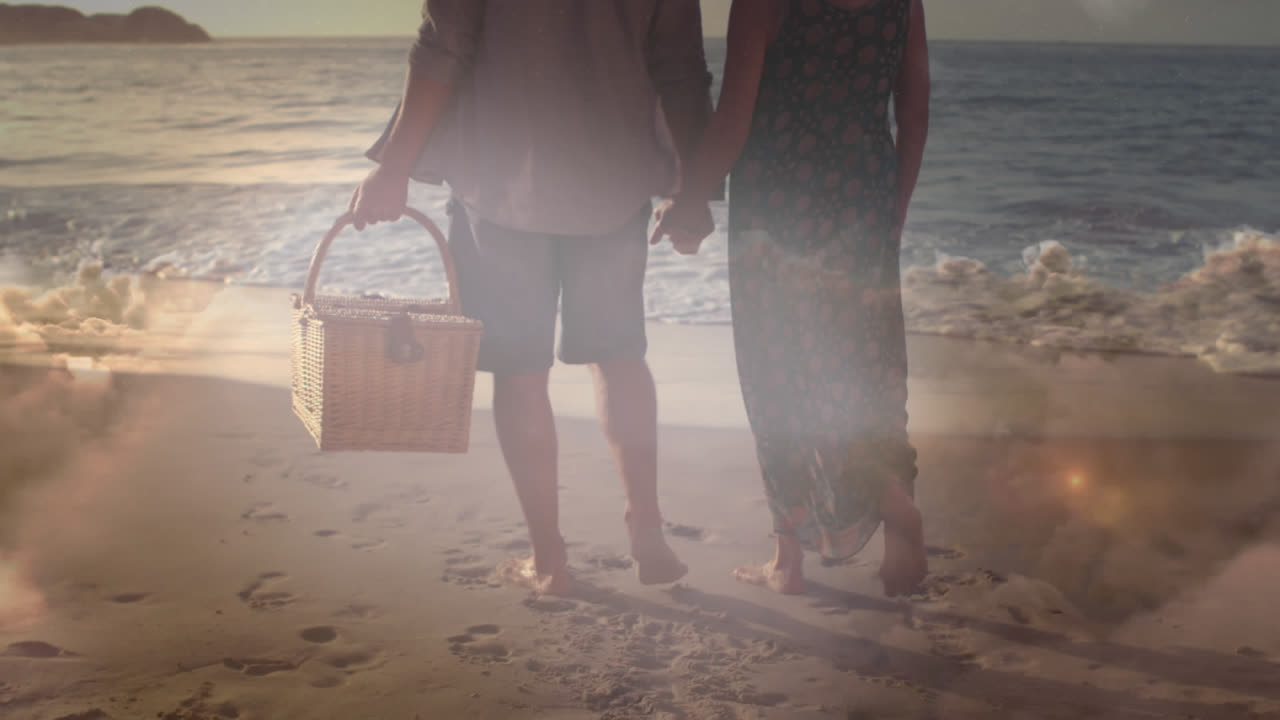 animación de luz brillante sobre una feliz pareja de mayores con una canasta de picnic a la orilla del mar