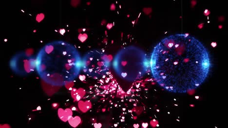 animation of blue baubles and pink hearts on black background