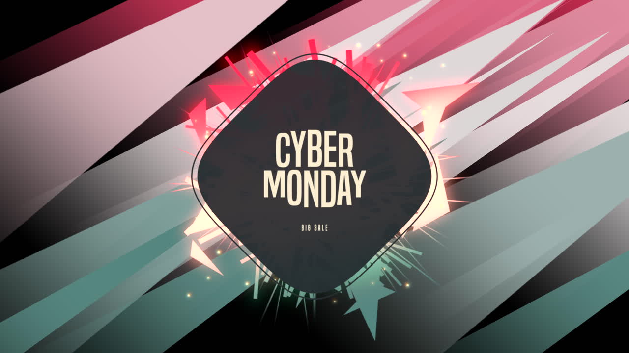 Animation intro text Cyber Monday on fashion and club background with glowing red and green geometric shape