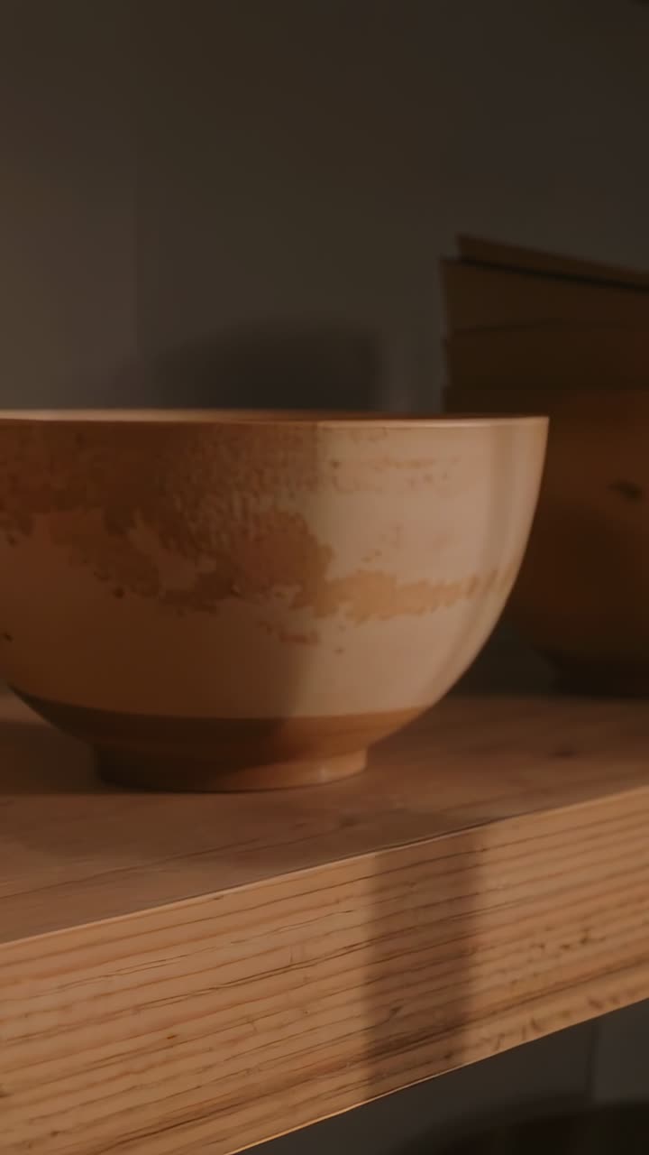 Video verticale: Telecamera che esegue una panoramica su uno scaffale di legno, mostrando due ciotole di ceramica con piedistallo e una ciotola più grande.