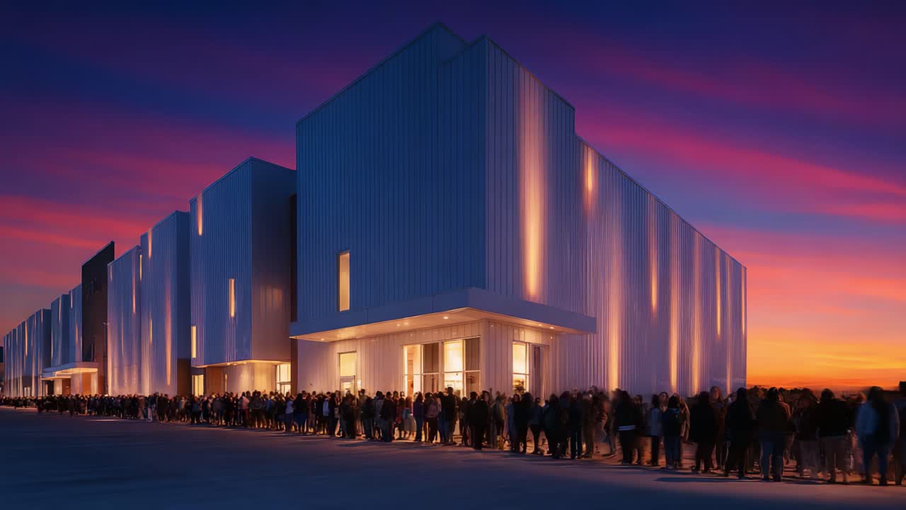 A Dramatic Sunset Transition: A Long Queue of Anticipating People Gathered Outside a Modern Architectural Structure Bathed in Warm Lights Against a Vivid Evening Skyline