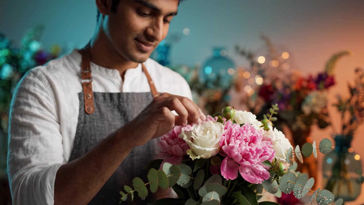 En skicklig florist arrangerar noggrant en livfull bukett med pioner och eukalyptus, som visar upp konstnärskapet och passionen bakom blomsterdesign och hantverk.