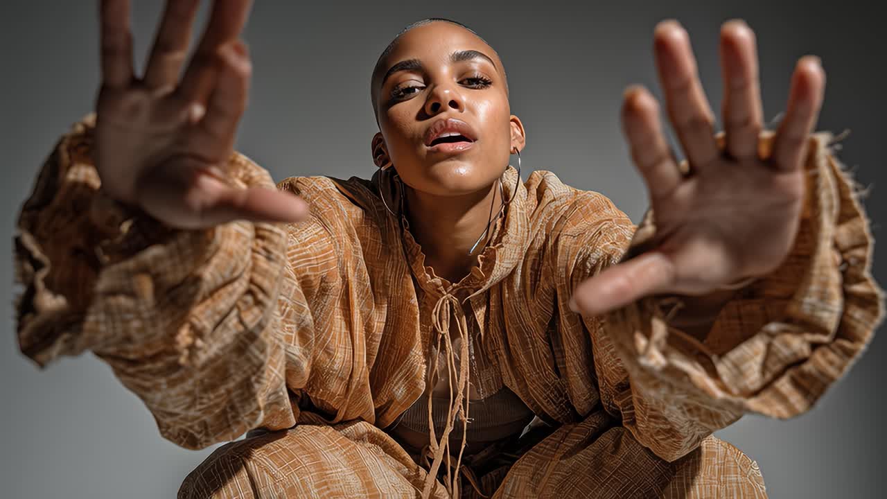 Young black woman making gestures in slow motion on gray background
