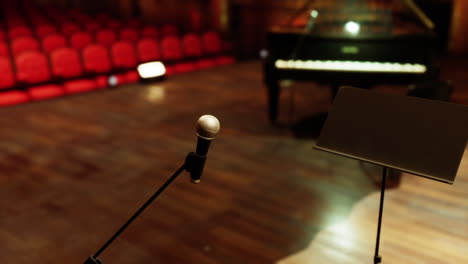 microphone on a stage with a piano in the background