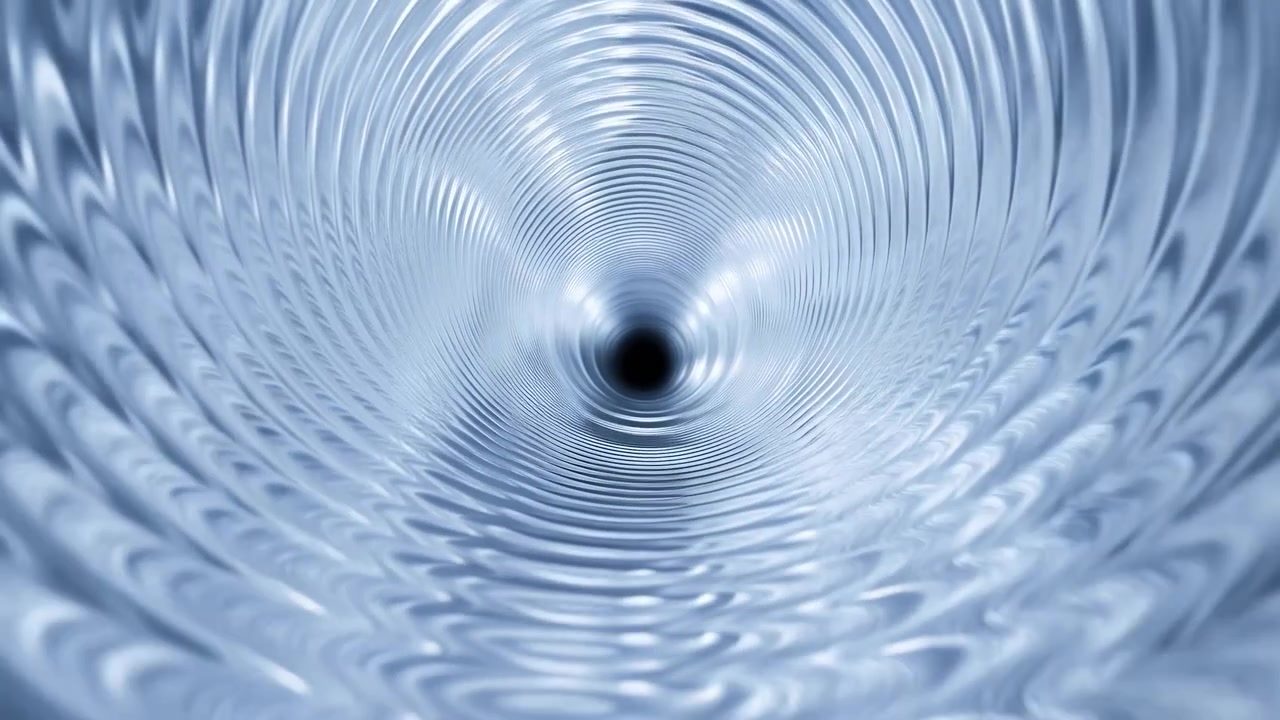 Metallinen aaltoileva tunneli, kuvasarjan keskivaiheen lähestyminen kohti tummaa keskeistä pakopistettä samankeskisten muotojen kanssa.