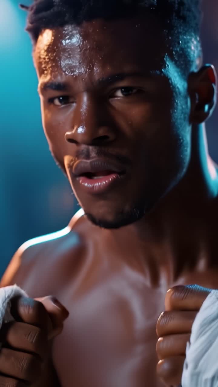 Intense Boxer in Action: Capturing the Determination and Focus of a Fighter Ready to Engage in the Ring with Vivid Expressions of Power and Resilience
