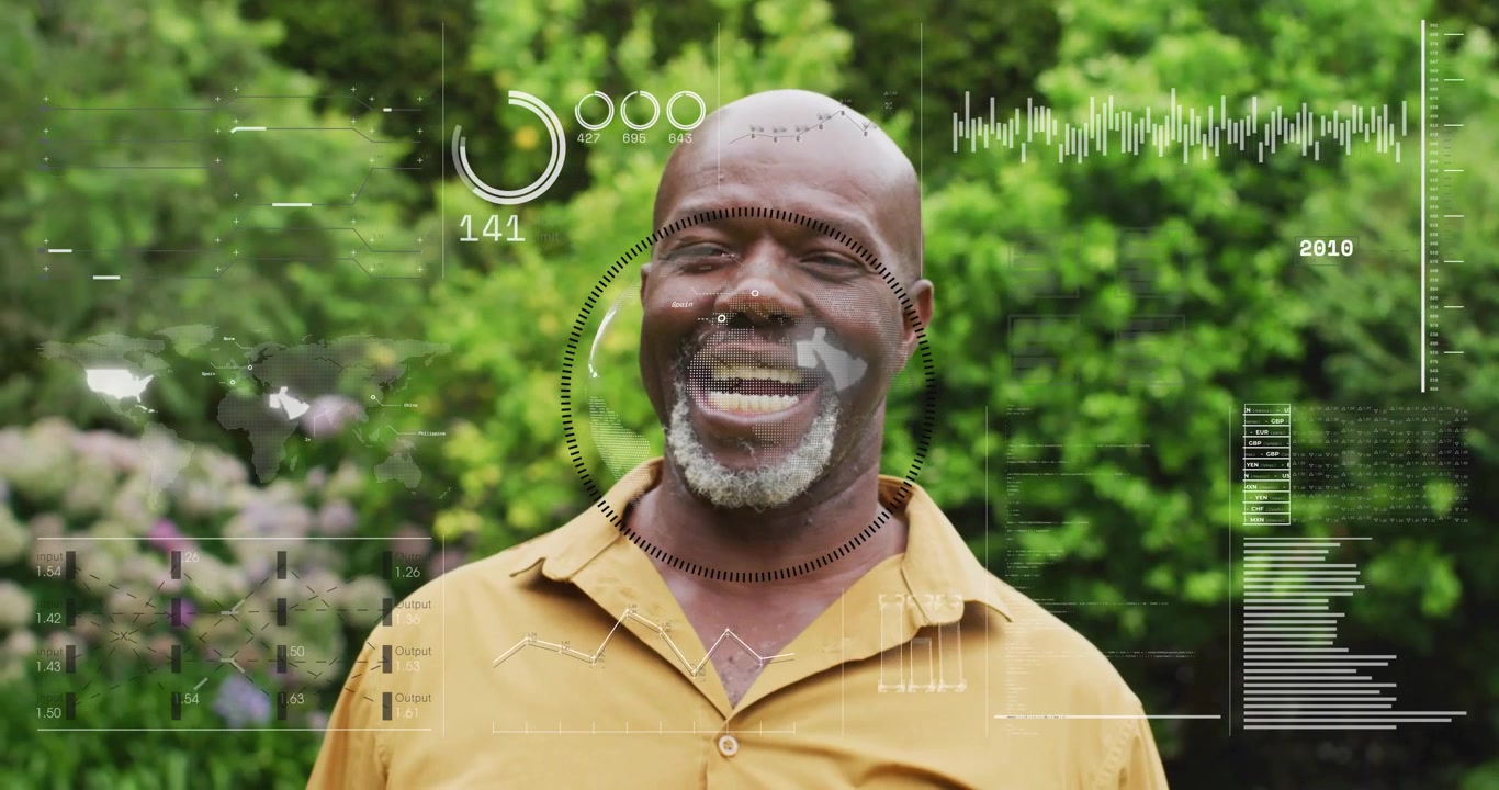 Senior man standing in yard smiling to laughing sparking HUD gauges or waves rising or falling for h
