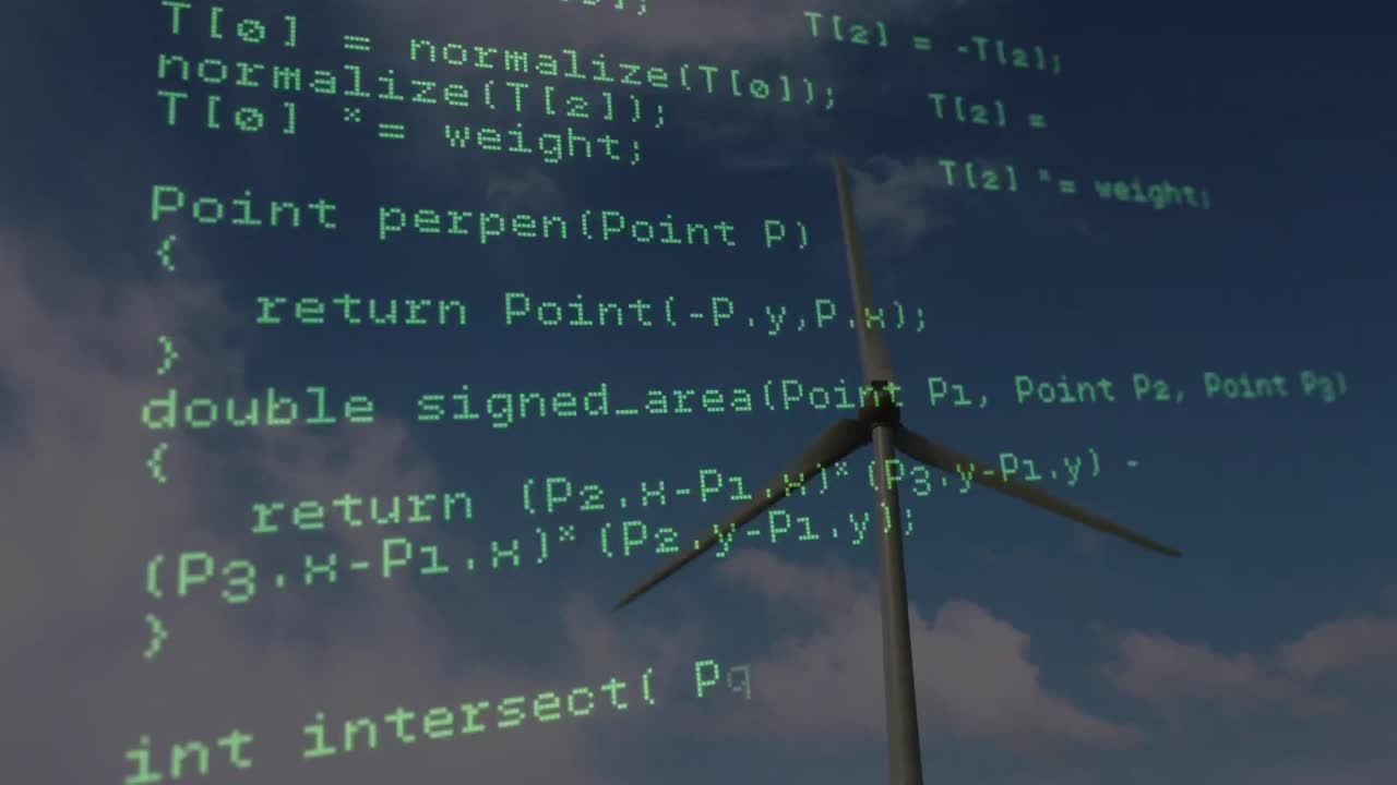 animazione dell'elaborazione dei dati su turbina eolica e cielo con nuvole