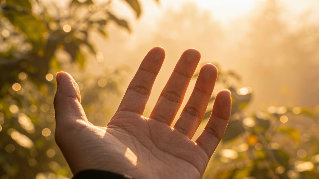 Extendiendo la mano izquierda con manga oscura hacia la luz solar que se intensifica al borde del jardín, buscando calor.