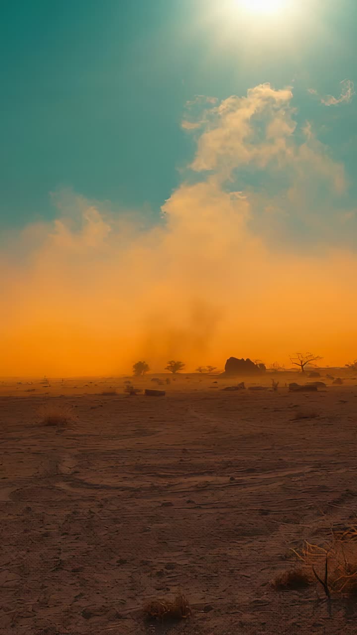 Vertical video: Forming dust devil rising on dunes from gusty wind, lifting tracks near shrubs, sun