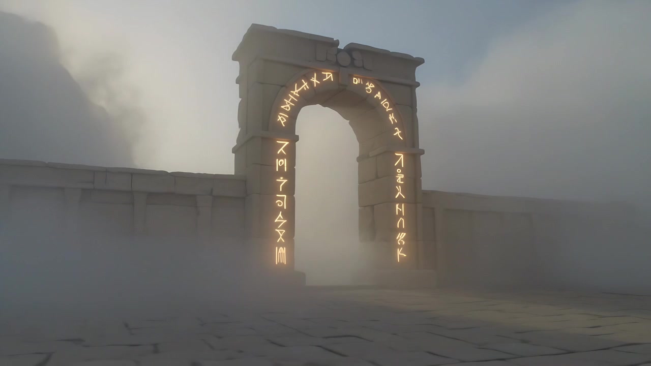 Nebbia che si dirada rivelando un antico arco in pietra in una piazza, con glifi luminosi che proiettano luce sul pavimento crepato.