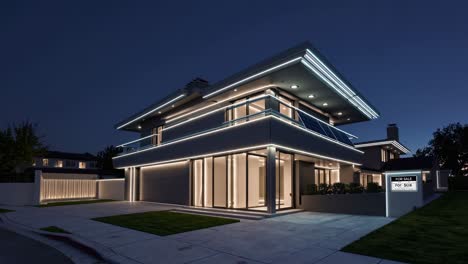 modern, luxurious smart home showcasing its innovative led lighting system against the backdrop of the twilight sky, creating a captivating blend of technology and elegance