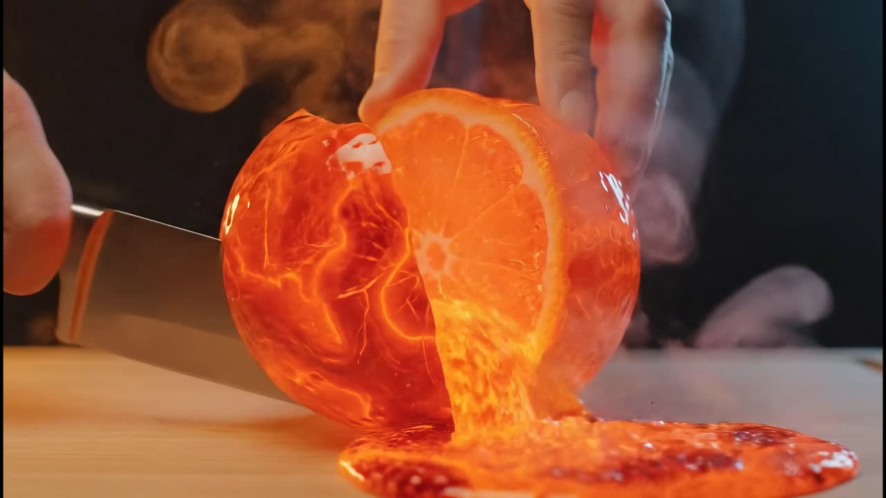 Cortando un Orbe de Lava Resplandeciente con un Cuchillo