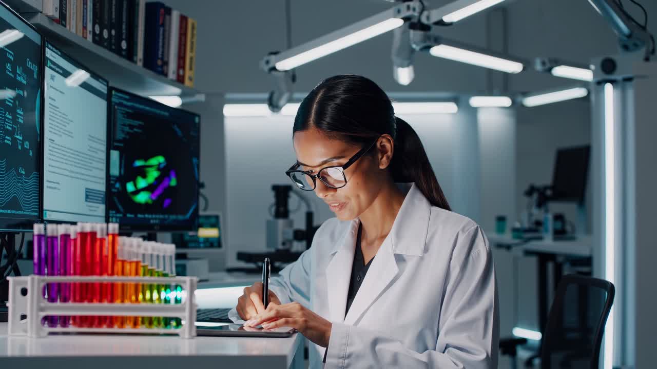 Uno scienziato in camice da laboratorio prende appunti, circondato da provette colorate e monitor