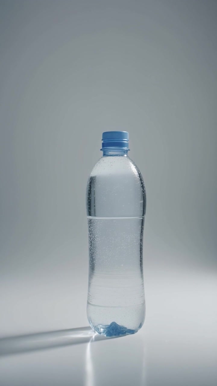 Garrafa de água de plástico transparente com condensação e tampa azul sobre uma superfície reflexiva sob iluminação de estúdio brilhante