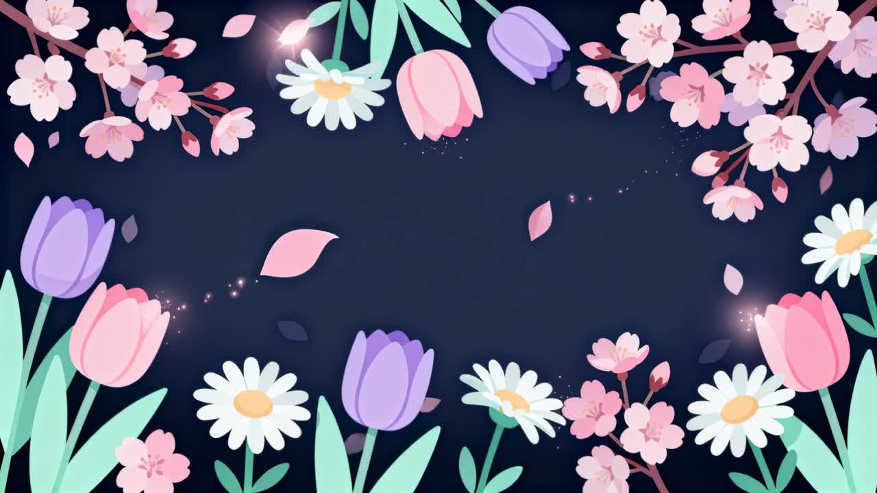 Looping, animating dark navy panel framed by florals showing drifting petals, tulips to reveal text