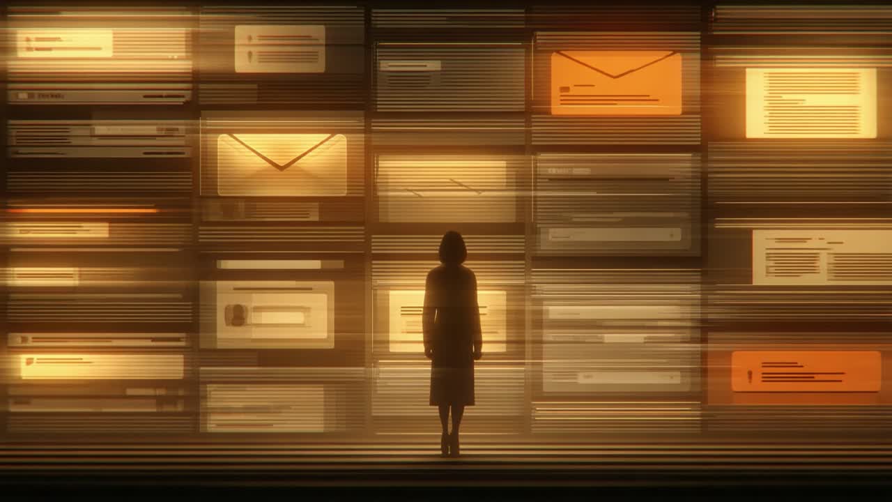 A solitary figure stands before an illuminated wall filled with glowing messages and emails, symbolizing the communication and information overload of the digital age