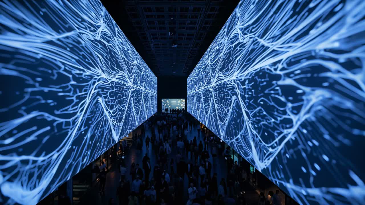 Animating projection walls drawing visitors toward lit opening, crowd walking using phones