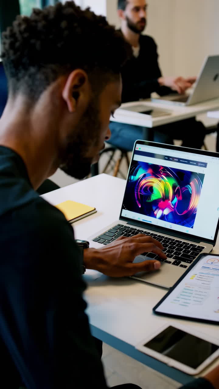 People working on laptops and tablets in a bright, modern coworking office, including individuals focused on digital design and data