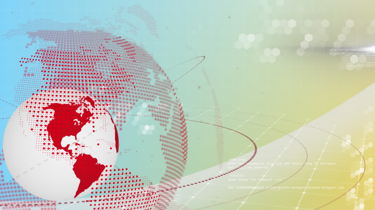 Animation of spinning globe and data processing against gradient background with copy space