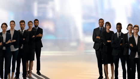 animation of business people in two groups over out of focus cityscape