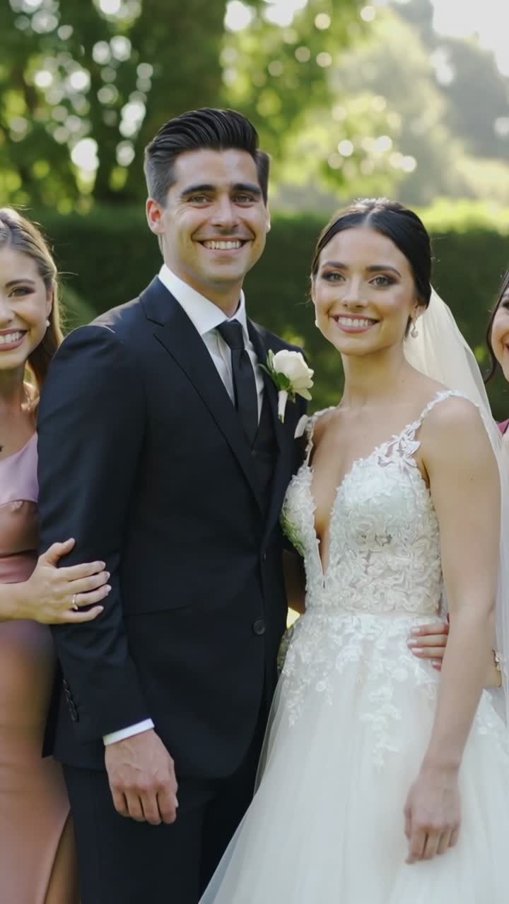 Sposi felici in posa con le damigelle d'onore a un matrimonio all'aperto