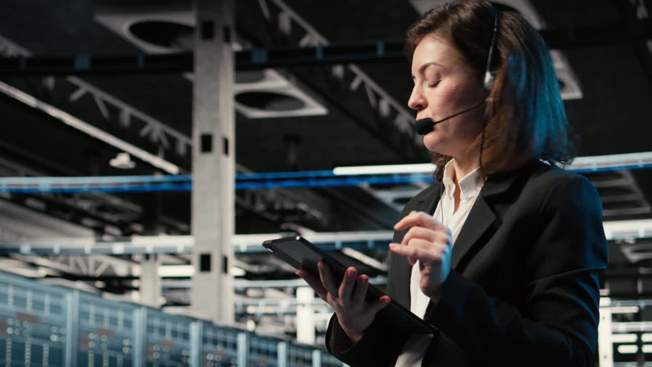 Diagnosi di problemi tecnici, operatore di supporto IT olografico AR in un data center.