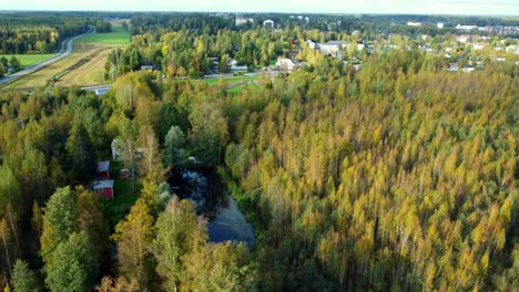 Aerial-orbit-over-a-small-lake-with-two-red-cabins-in-a-quiet-village-in-southern-Finland,-security-and-privacy