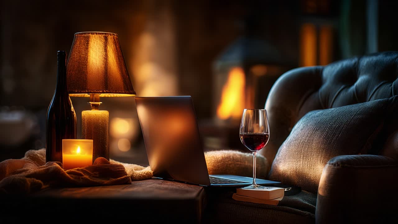A Cozy Evening Scene with a Laptop, Red Wine, Candlelight, and Soft Textiles; Perfect Ambiance for Relaxation and Inspiration in a Warm, Intimate Setting