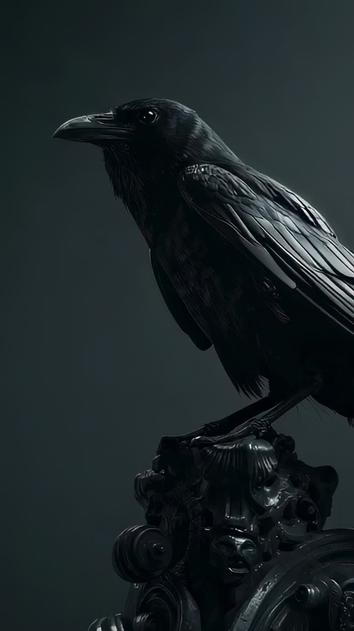 Vertical video: Tilting head after shift, black raven lowering neck on studio carved stand
