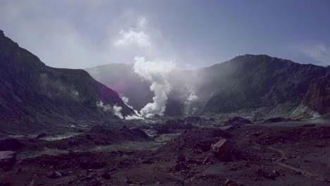 white island whakaari crater with toxic smoke and ruinous terrain, aerial sci fi