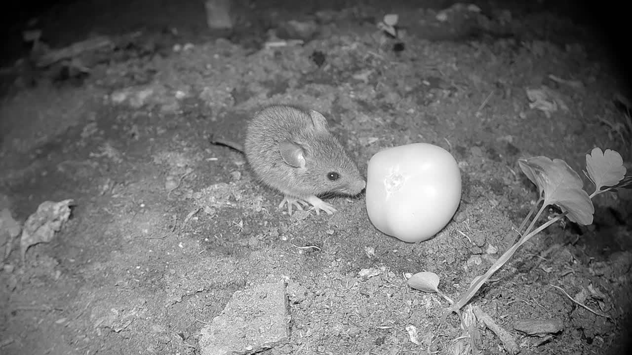 Yellow-necked mouse (Apodemus flavicollis) tries to eat a tomato that has fallen to the ground in a greenhouse