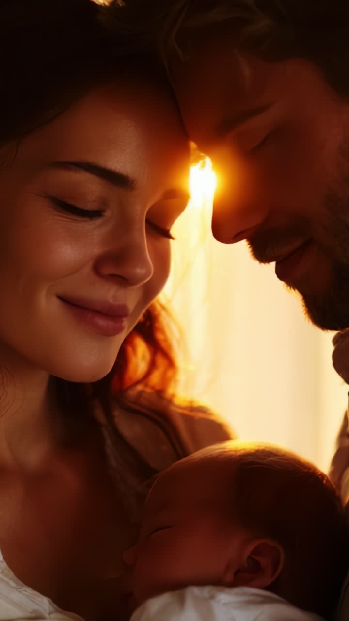 A Tender Moment: A Couple Embracing Their Newborn Child in a Warm Golden Light, Evoking Love, Joy, and Family Bonds During a Beautiful Sunset