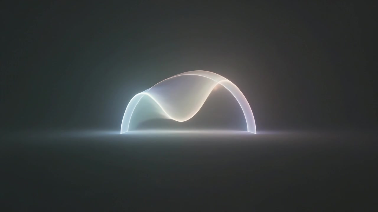 Animating glowing arch rising from low horizon rim on matte plane, ribbon sweeping left-to-right