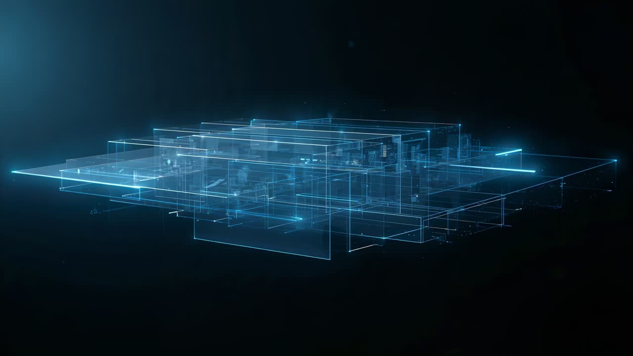 Pulsing hologram stacked clear planes drifting in dark void, left glow causing neon-blue nodes