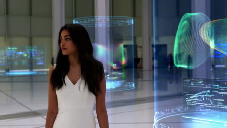 woman in futuristic lab with holographic displays