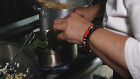 remojar hojas de vegetales en una cacerola hirviendo mientras se cocina en la cocina