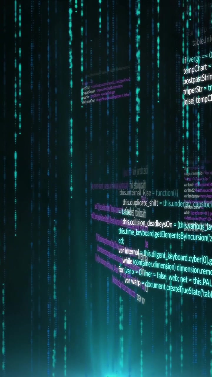 Animation of computer language over falling lines against black background