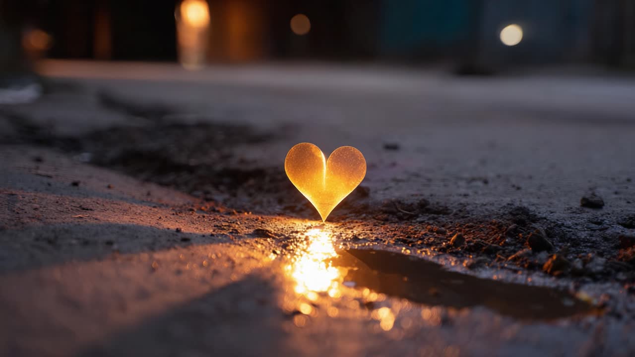 Een prachtige hartvormige reflectie glinstert op een natte ondergrond, als symbool van liefde en emotie in een serene stedelijke omgeving in de schemering