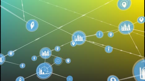 Animation-of-network-of-digital-icons-against-yellow-and-green-gradient-background