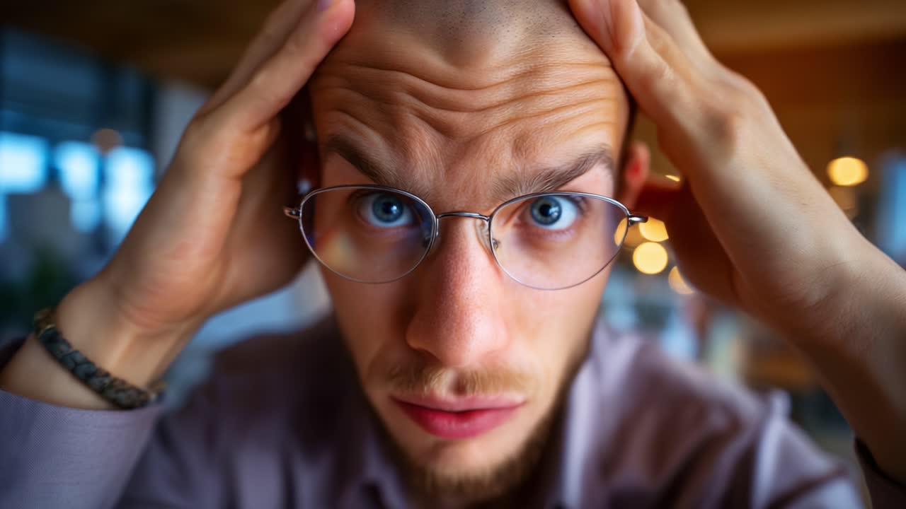 En mand udtrykker frustration og stress med hænderne på hovedet, hvilket formidler en følelse af nød og overvældelse i et genkendeligt øjeblik af angst og bekymring